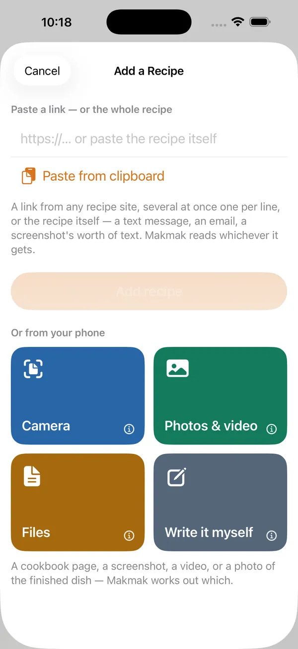 MakMak: Add a recipe from a link, camera, photos, or files