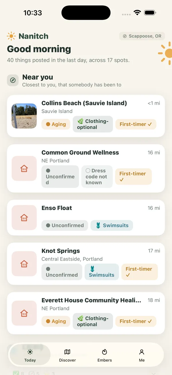 Nanitch: Today screen with spots near you and their status