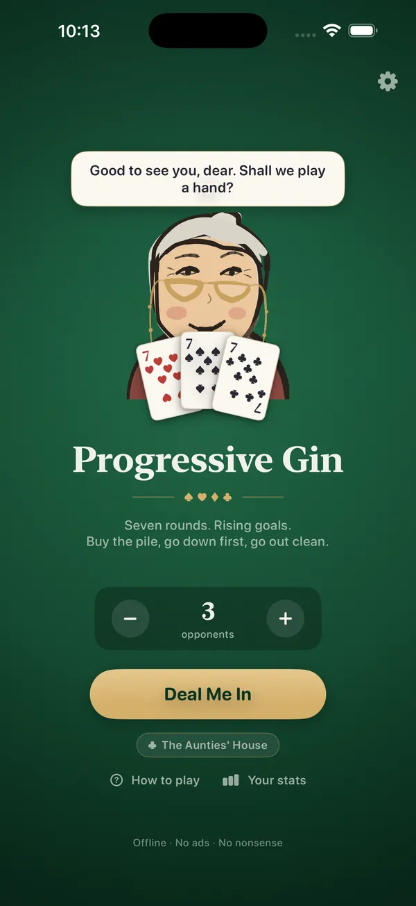 Progressive Gin: Home screen with the auntie host