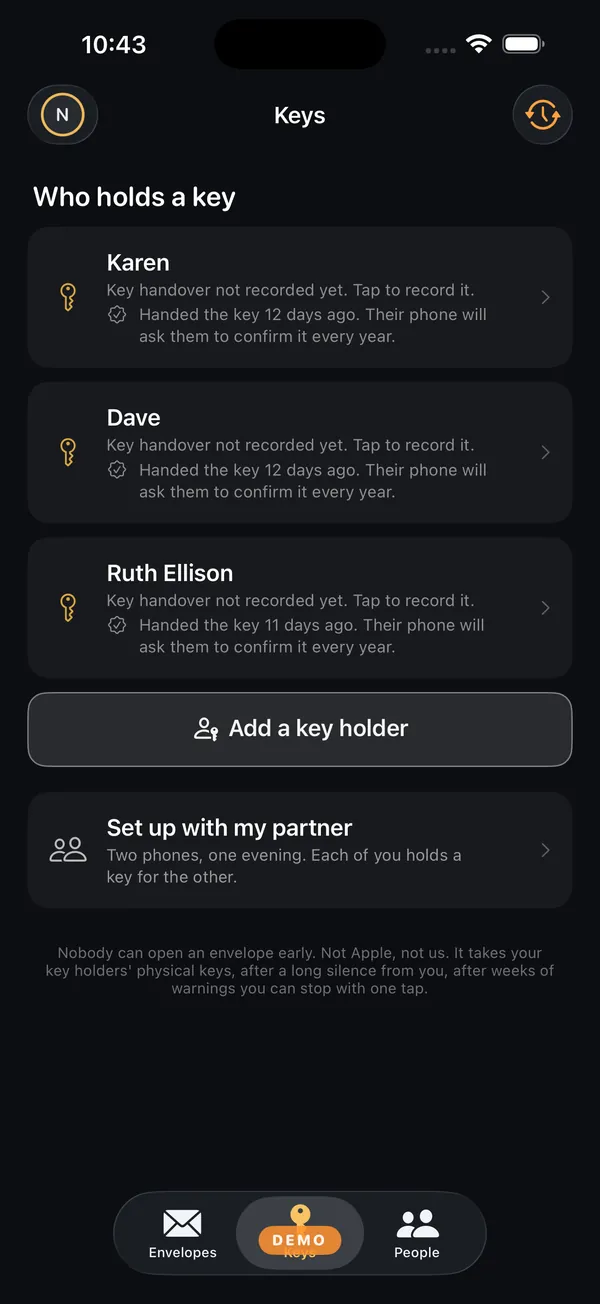 Seal: Key holders who must combine their keys before anything opens