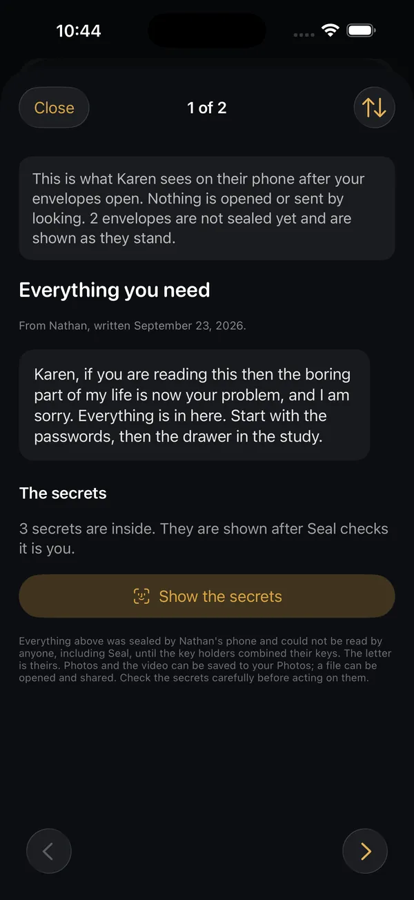 Seal: What a recipient sees after release, with secrets behind Face ID