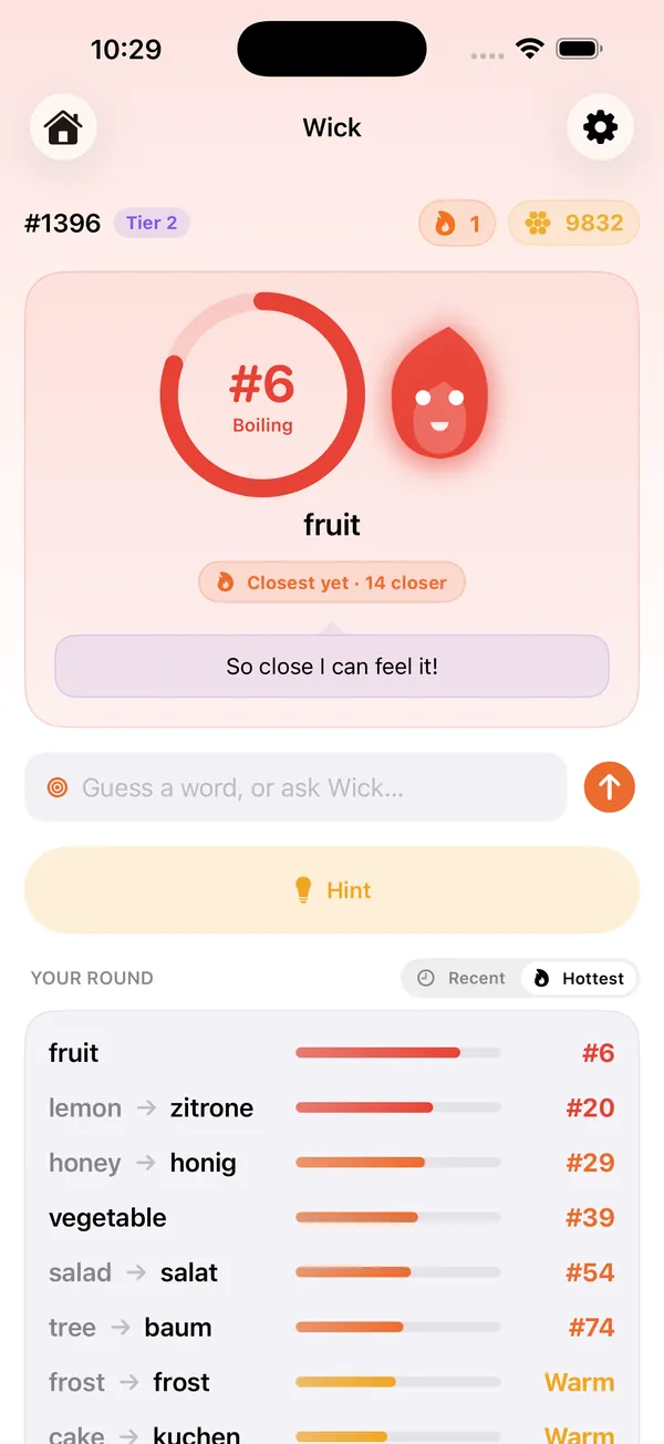Wick: A guess ranked #6, Boiling, with the ranked list of guesses