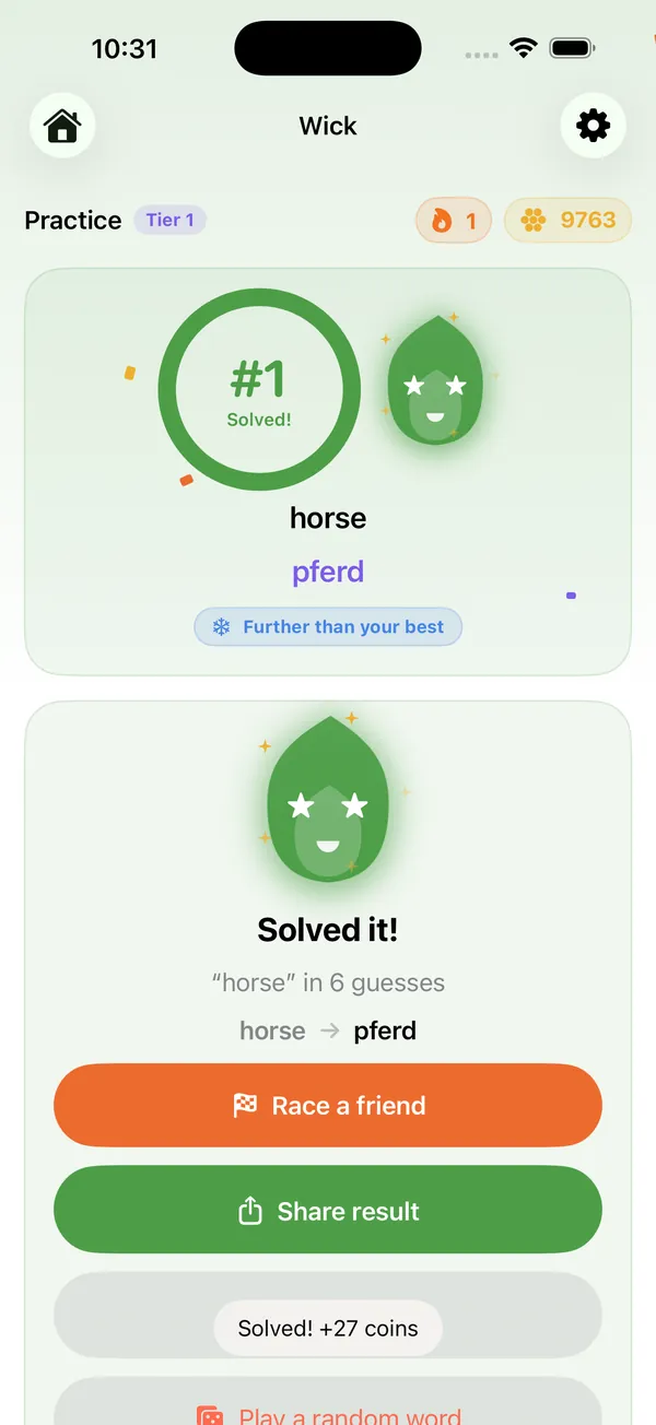 Wick: Solved screen with Race a friend and Share result